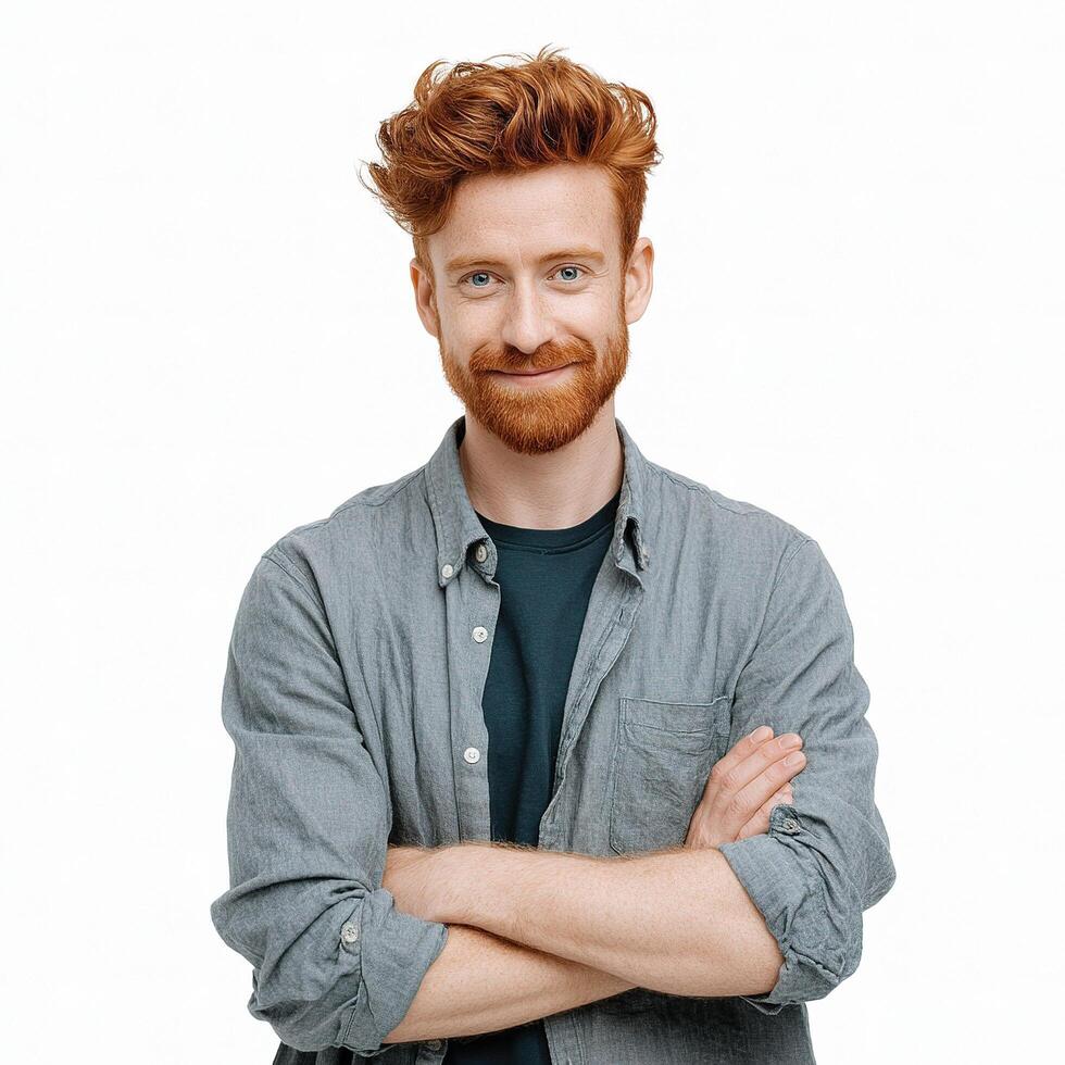 A man with red hair and beard standing with his arms crossed photo