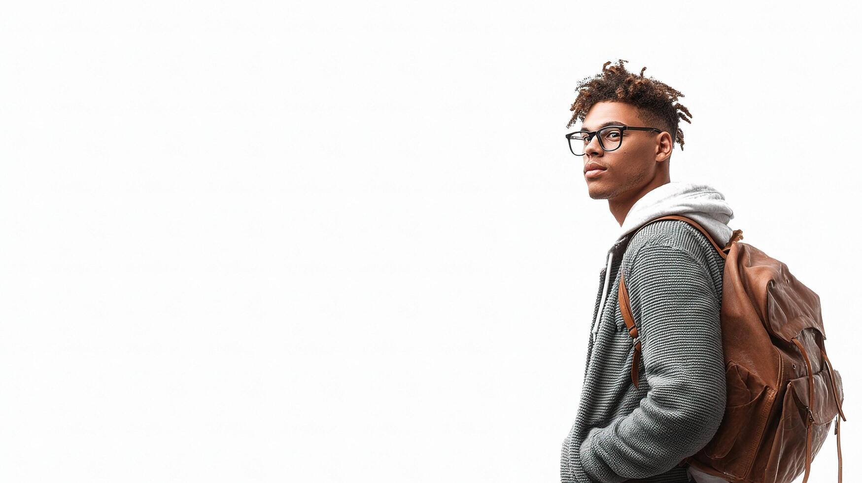 A young man with glasses and a backpack standing photo