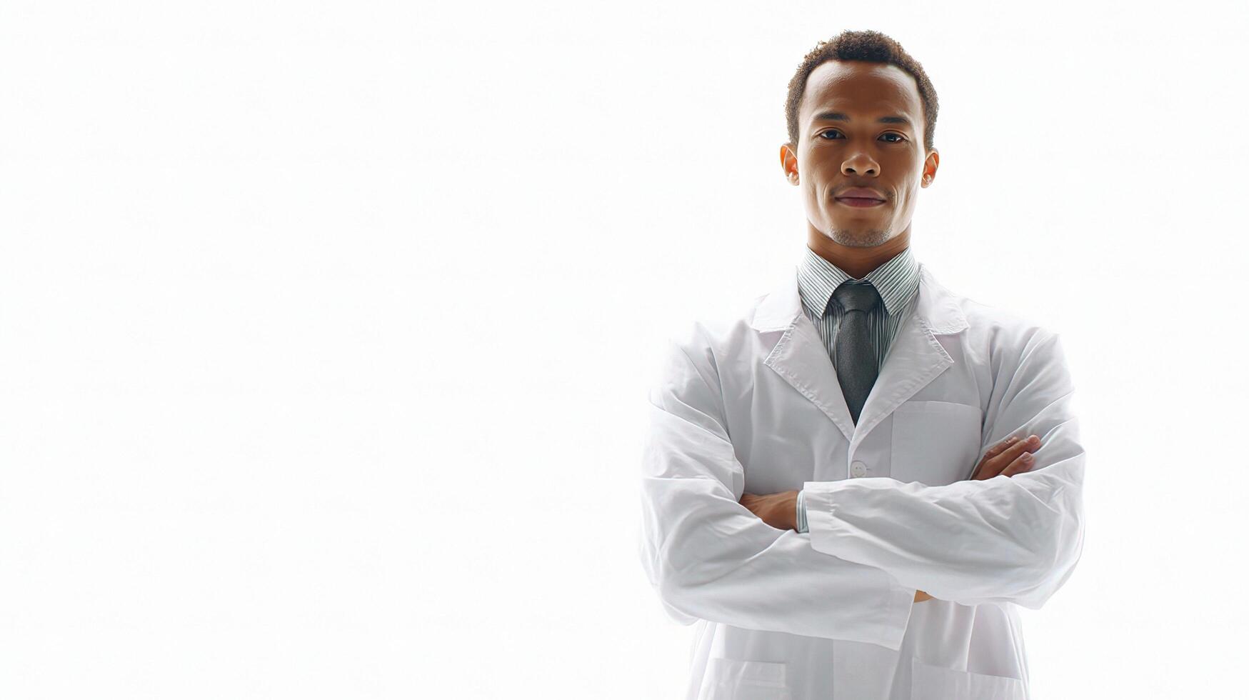 A man in a lab coat standing with his arms crossed photo