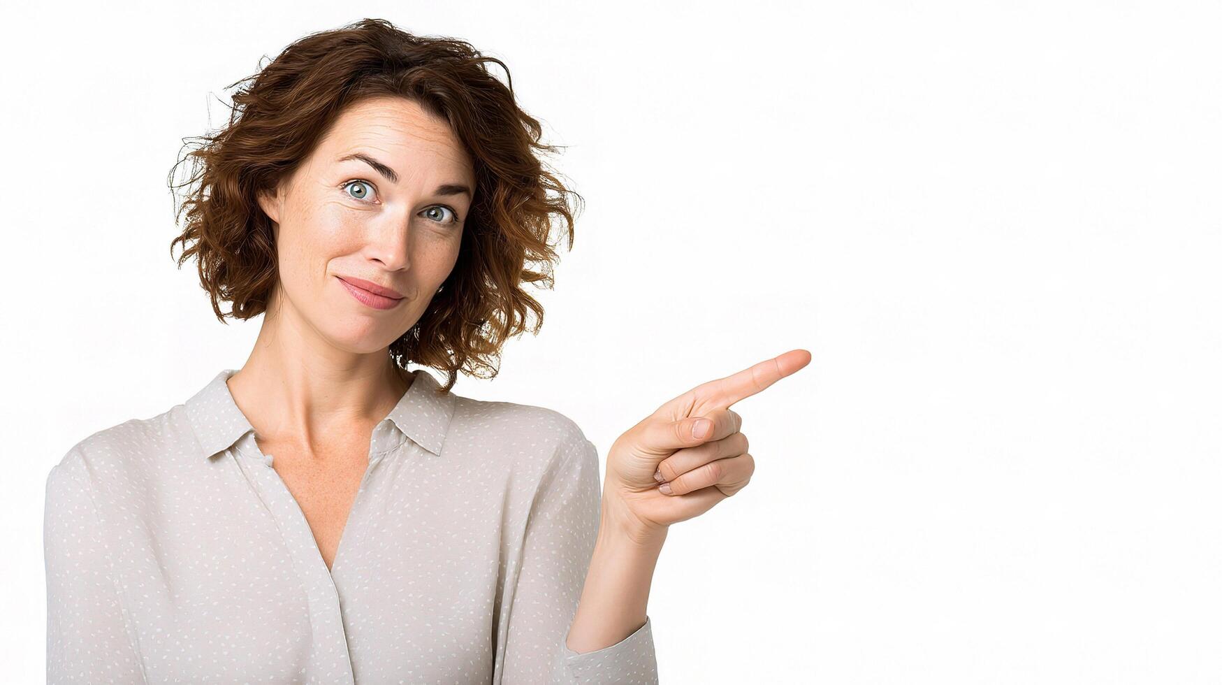 Smart Woman Pointing Off Camera with Engaging Expression and Style photo