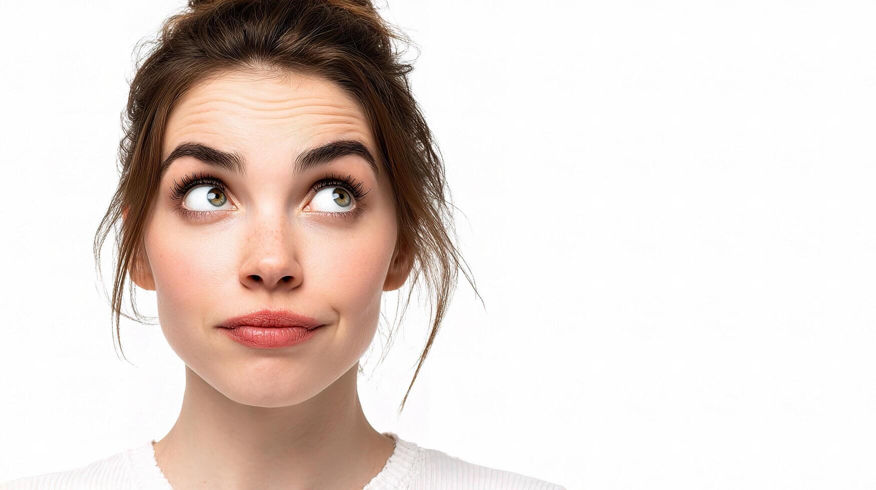 Woman with Wide Eyes and Raised Brows Looking Upwards Expression photo