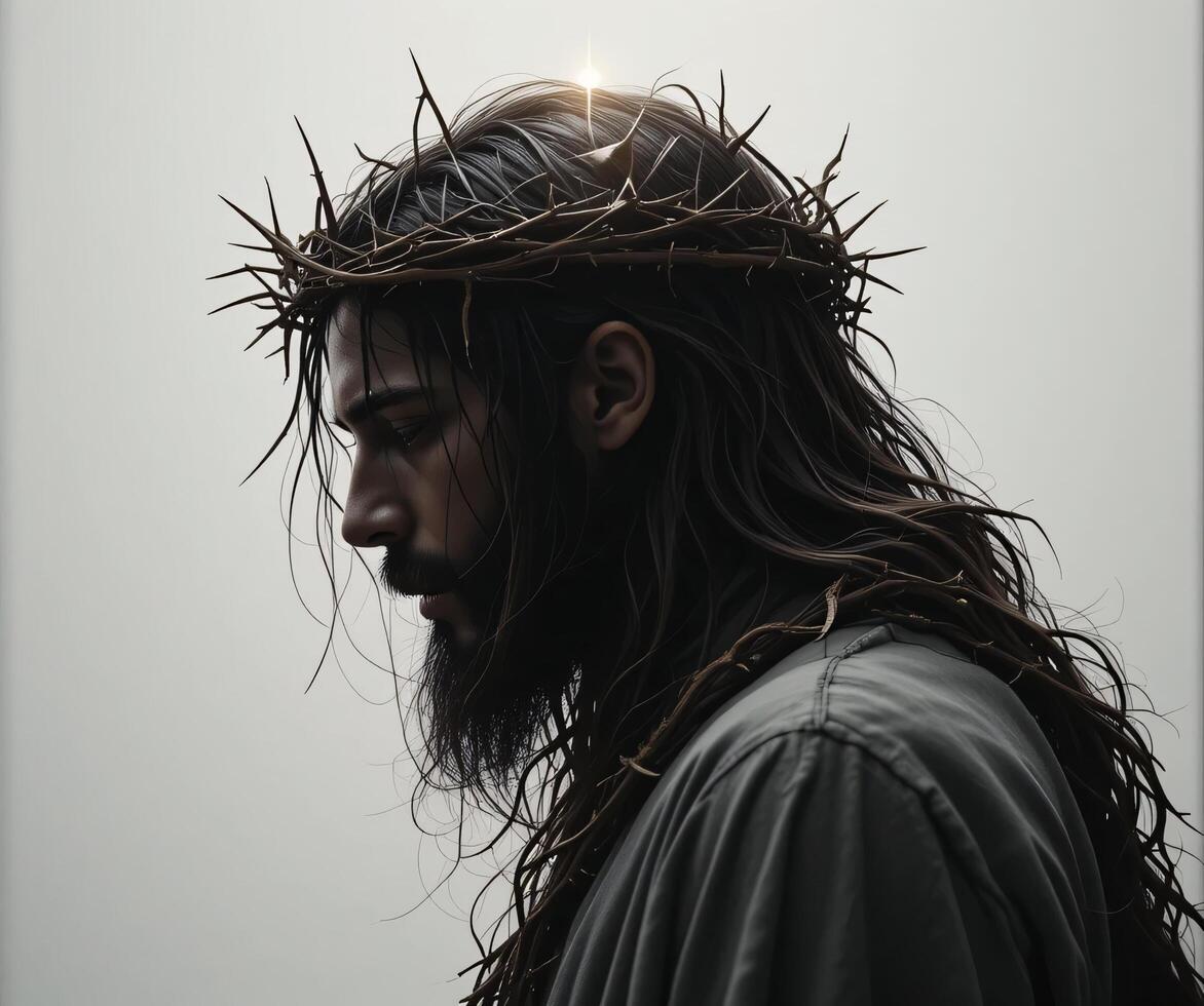 A man with long hair and a crown of thorns on his head photo