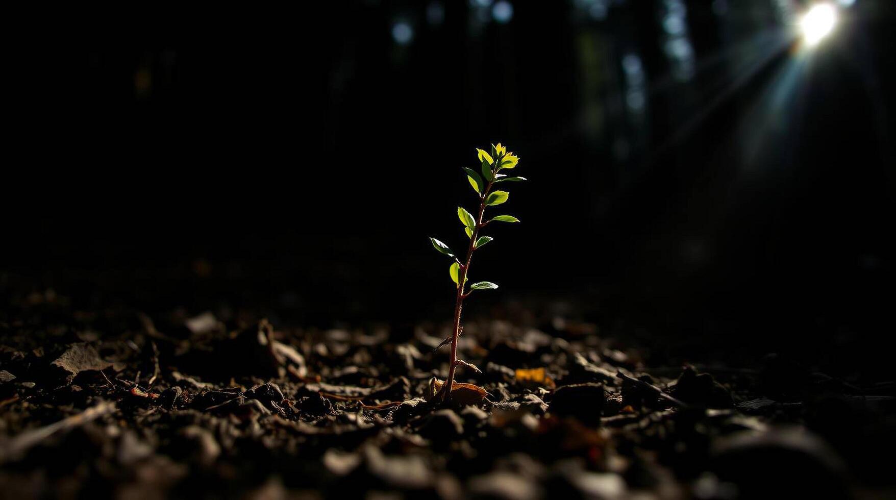 A small plant growing in the dark forest photo