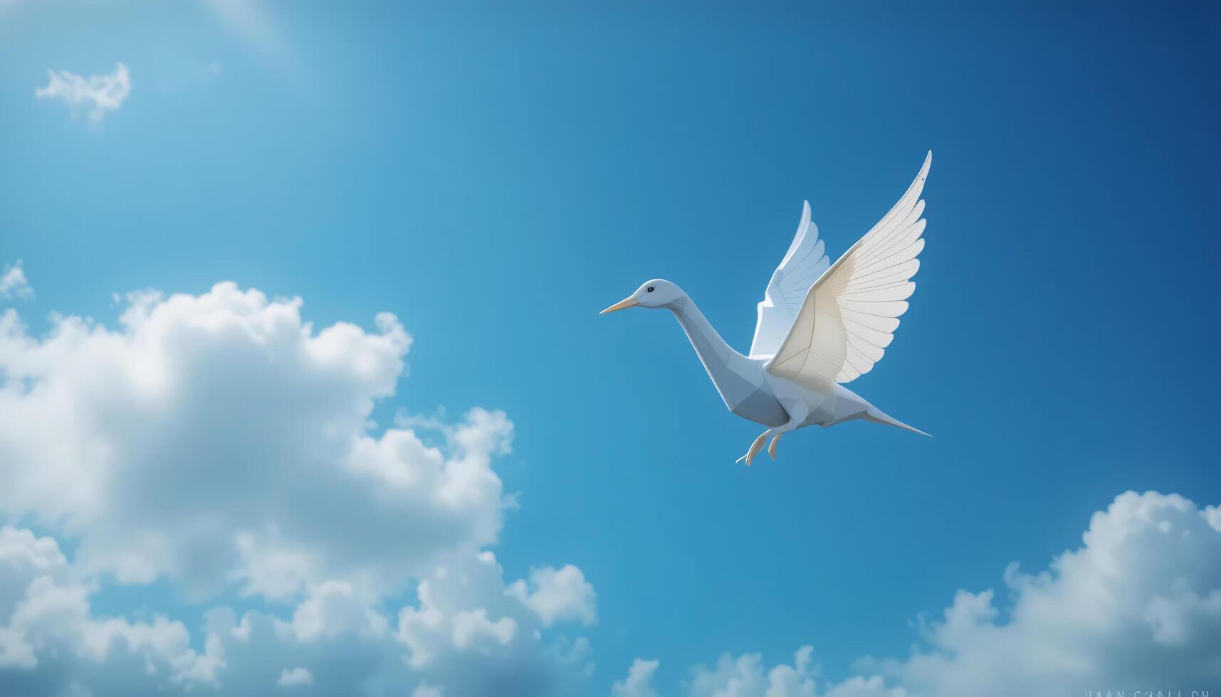 A white bird flying in the sky with clouds photo