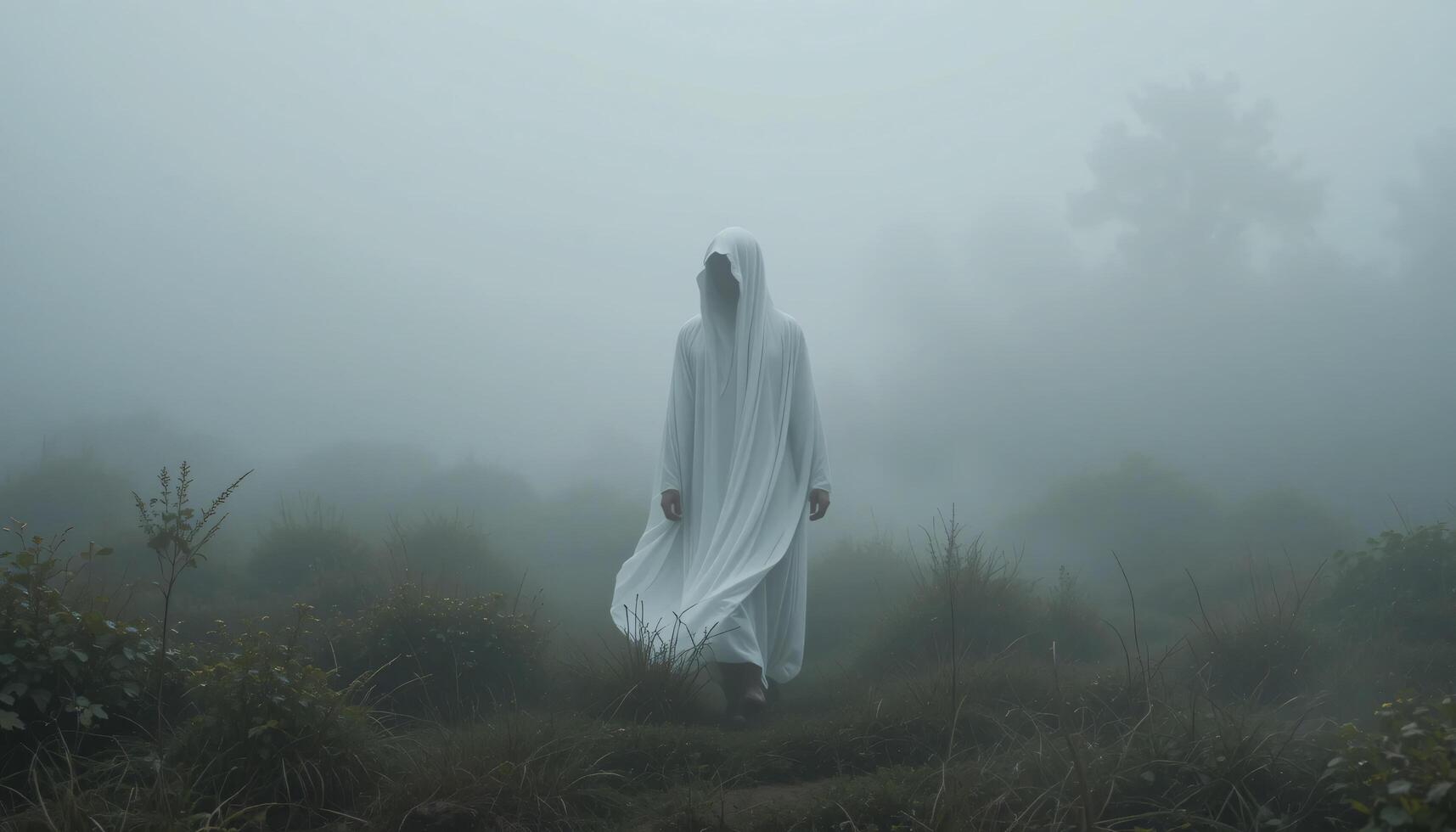 A person in a white robe walking through a foggy field photo