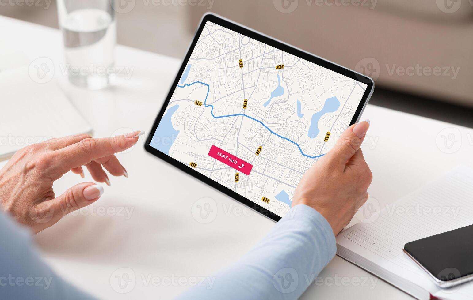 Online Taxi Service. Unrecognizable businesswoman Checking Cab Geolocation On Virtual Map On Digital Tablet, Sitting At Desk In Office, Booking Transfer Car, Enjoying Modern Transportation, photo