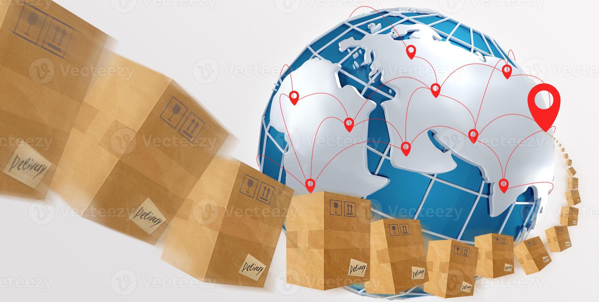 International delivery concept. Collage with parcel boxes flying to their destination on planet Earth, white background. Panorama photo