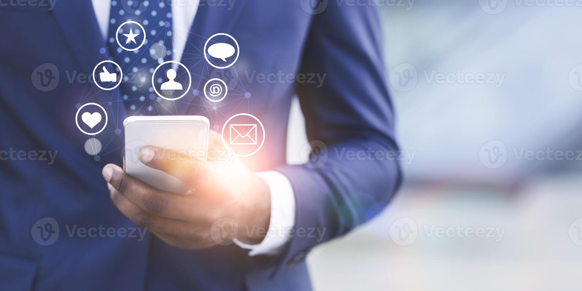 Black businessman promoting his company online, working on brand awareness in social media, collage with copy space. SMM specialist managing digital marketing campaign on smartphone photo
