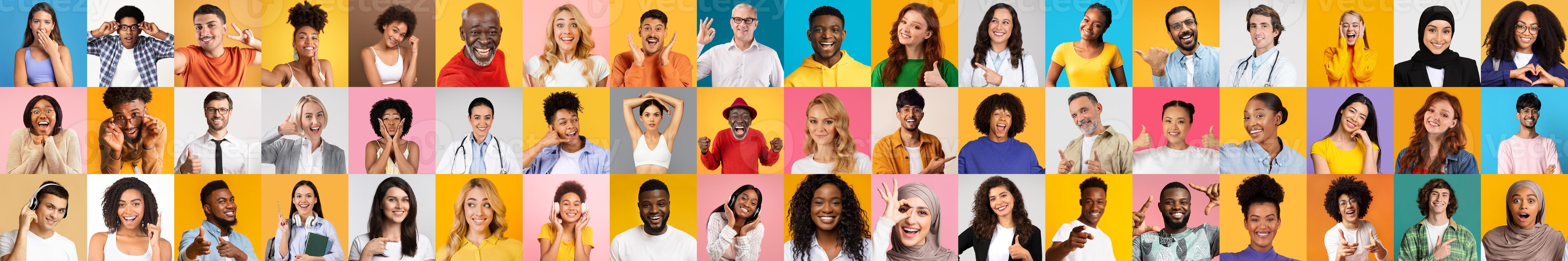 A vibrant collage of diverse individuals expressing happiness and togetherness. Each portrait captures unique personalities against colorful backgrounds, celebrating inclusivity and lifestyle. photo