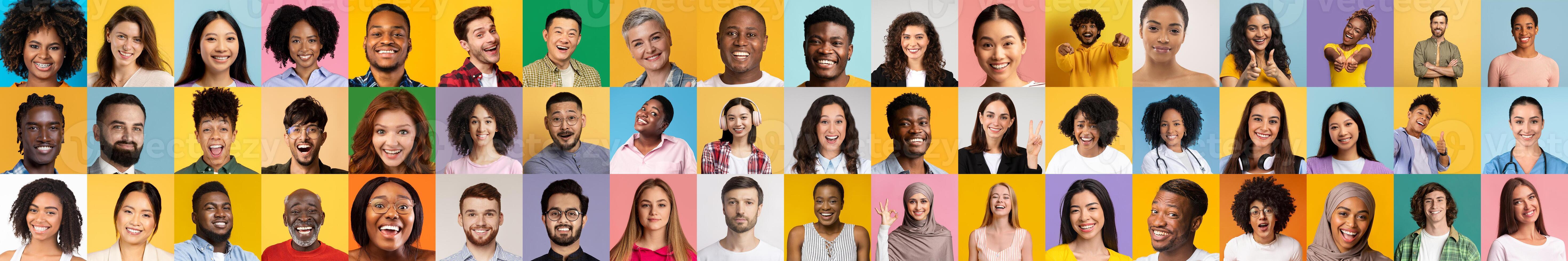 A vibrant collection of diverse individuals smiling and expressing happiness. Each portrait captures unique features and styles against colorful backgrounds, celebrating diversity and unity. photo
