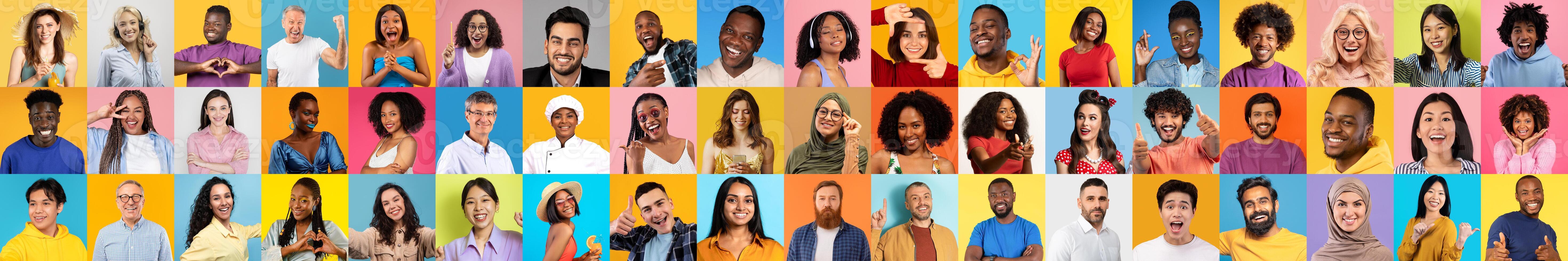 A collection of diverse individuals showcases joy and togetherness. Each person is captured with unique expressions against colorful backgrounds. photo