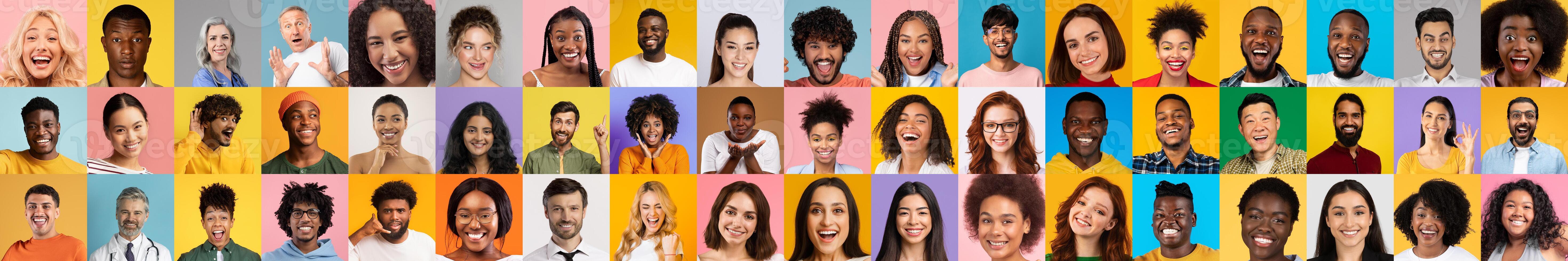 A collage features diverse individuals expressing happiness and connection, set against vibrant backgrounds. photo