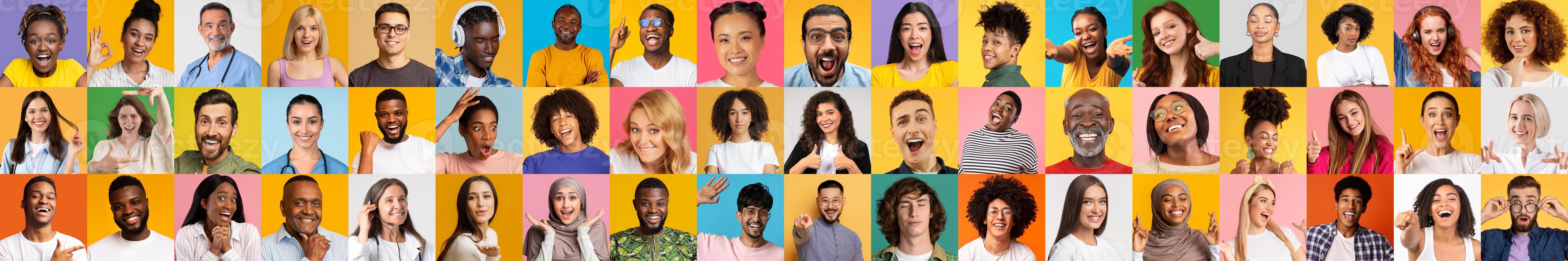 A vibrant collage featuring smiling faces of diverse individuals expressing happiness and connection against colorful backgrounds. photo