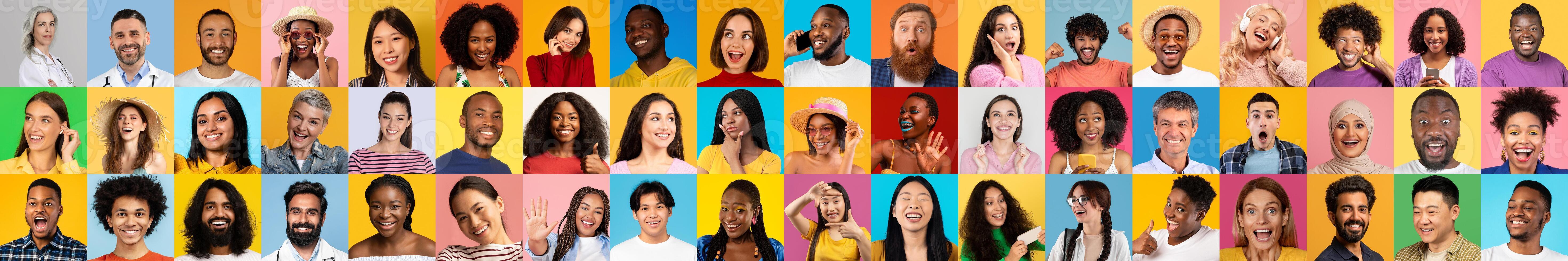 Faces of individuals from various backgrounds display smiles and excitement in a colorful collection. Each portrait captures the essence of joy and diverse unity, showcasing diversity. photo