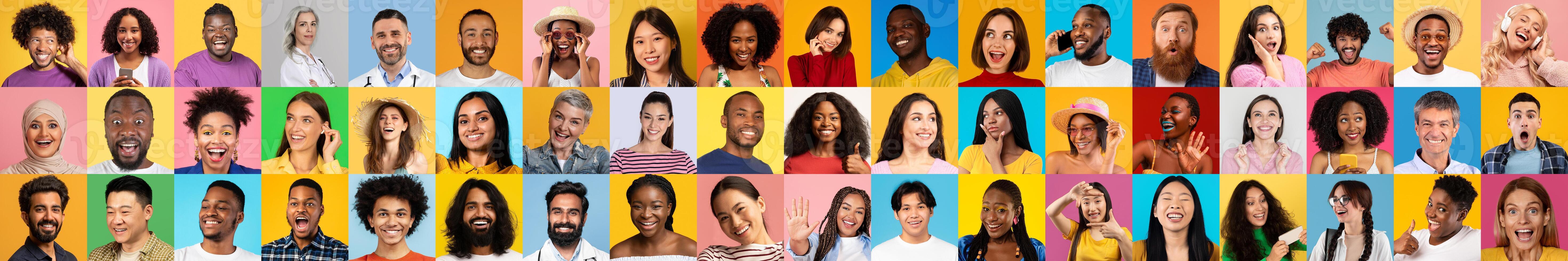 A colorful collection of diverse individuals representing different backgrounds is smiling and engaging with each other. photo