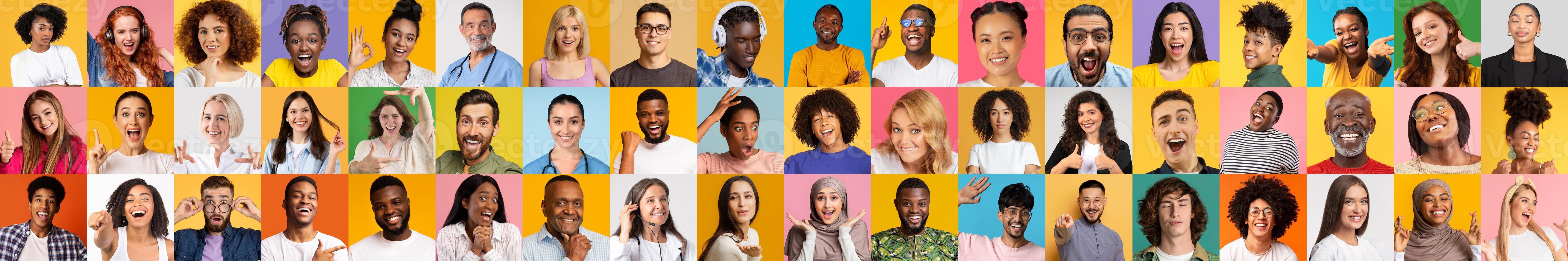 This colorful collection features a lively group of smiling individuals from various backgrounds. Each portrait showcases the joyful essence of diversity in a bright, cheerful setting. photo