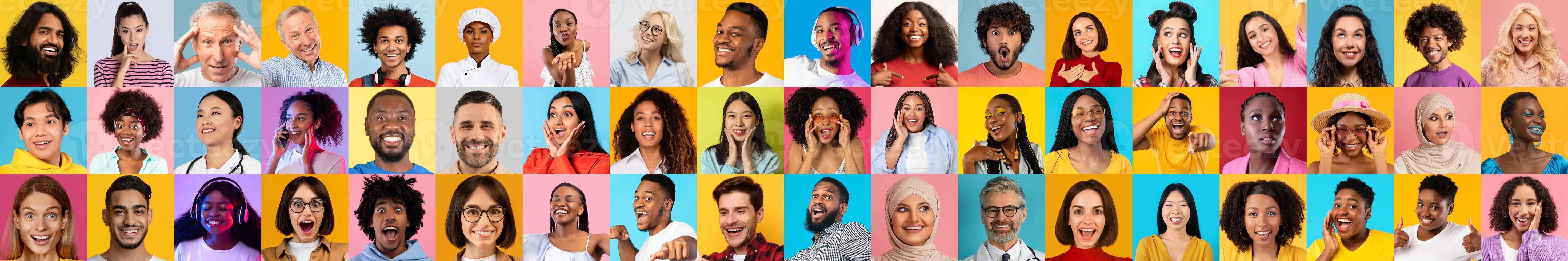 This lively collage features a multiethnic group of individuals smiling and expressing happiness. The vibrant colors create a joyful atmosphere that celebrates diversity and connection among people. photo