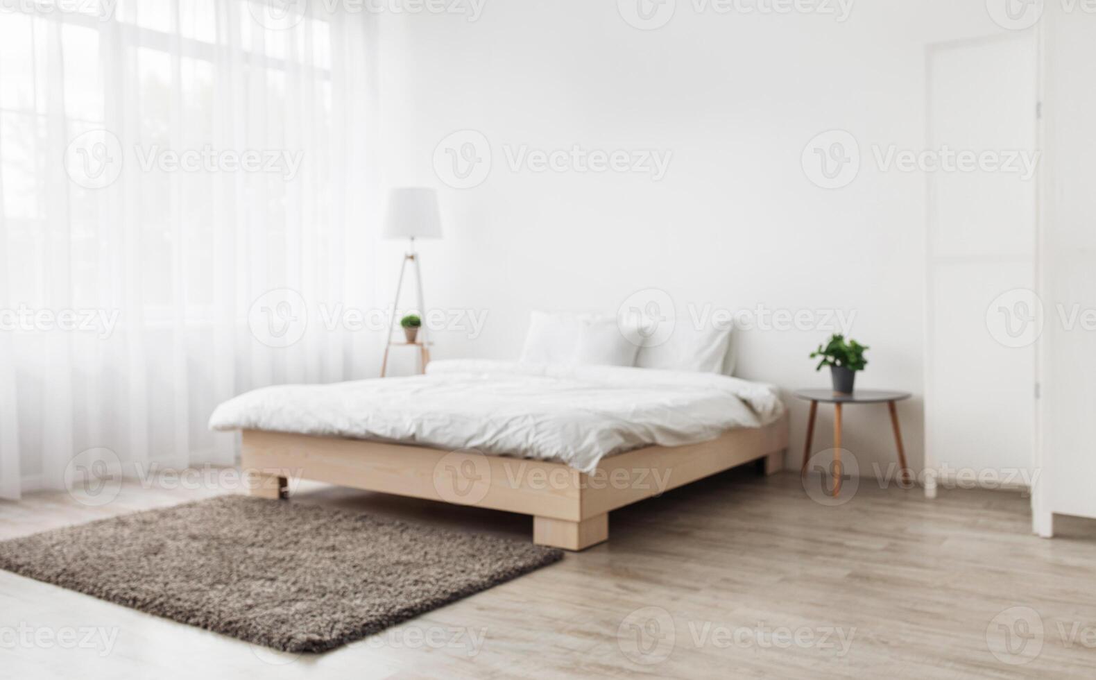 Simple modern bedroom interior, contemporary minimalist design. Double bed with pillows and blanket, carpet on floor, large window with curtains, on white wall background, copy space, nobody photo