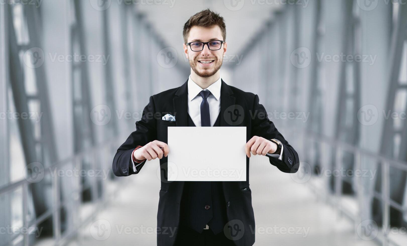 Welcome. Man in glasses holding empty signboard for name at international airport meeting point, blank space photo