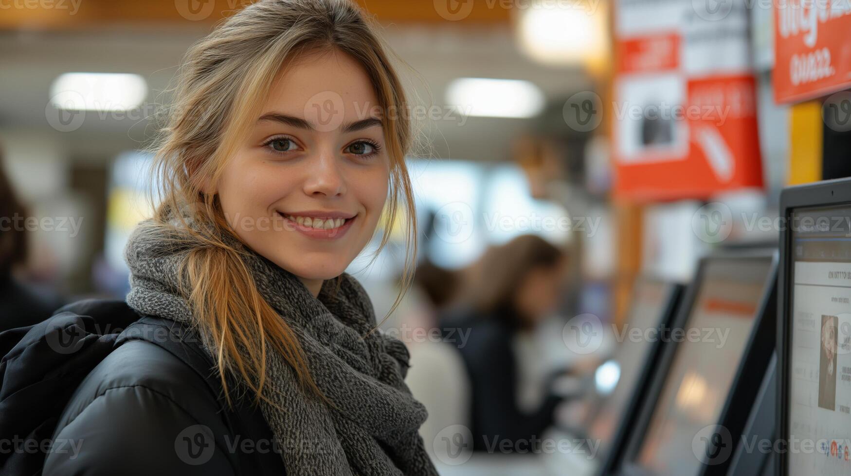 Smiling young woman uses a digital kiosk for services in a busy government office. photo
