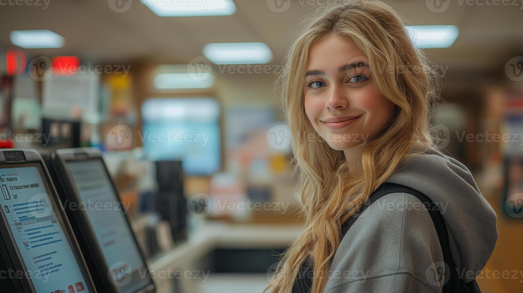 A young woman uses a self-service kiosk in a bustling government office. photo