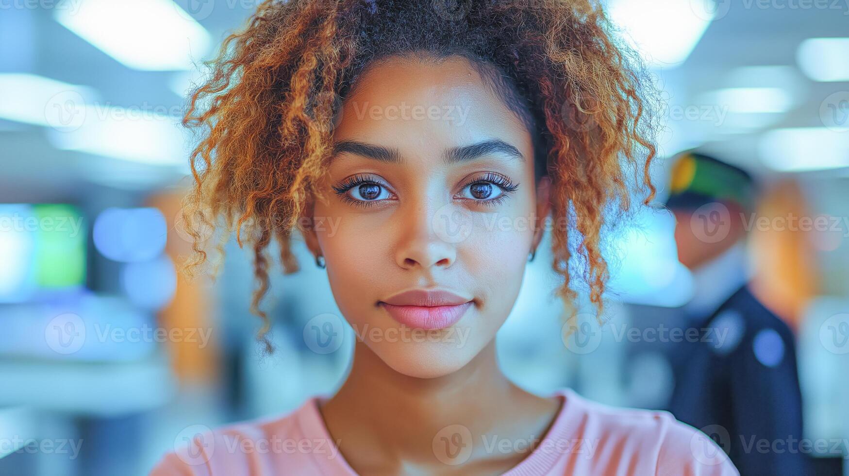 A young woman confidently engages with officials in a bustling office. photo
