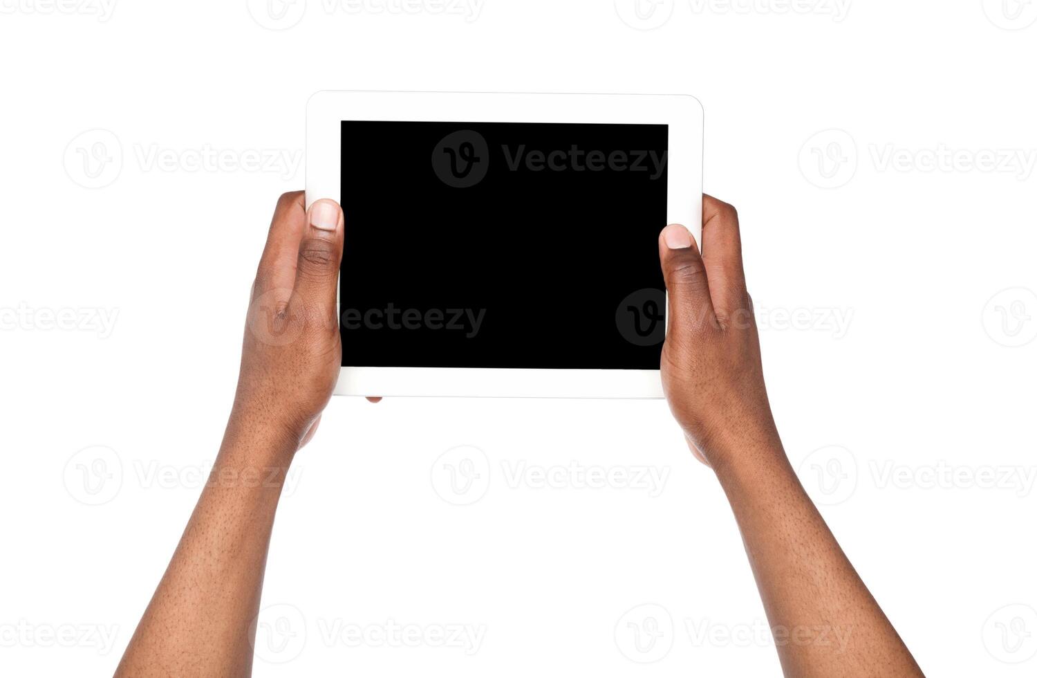 Black man holding digital tablet isolated. African american man with gadget with blank screen, copy space for advertisement photo