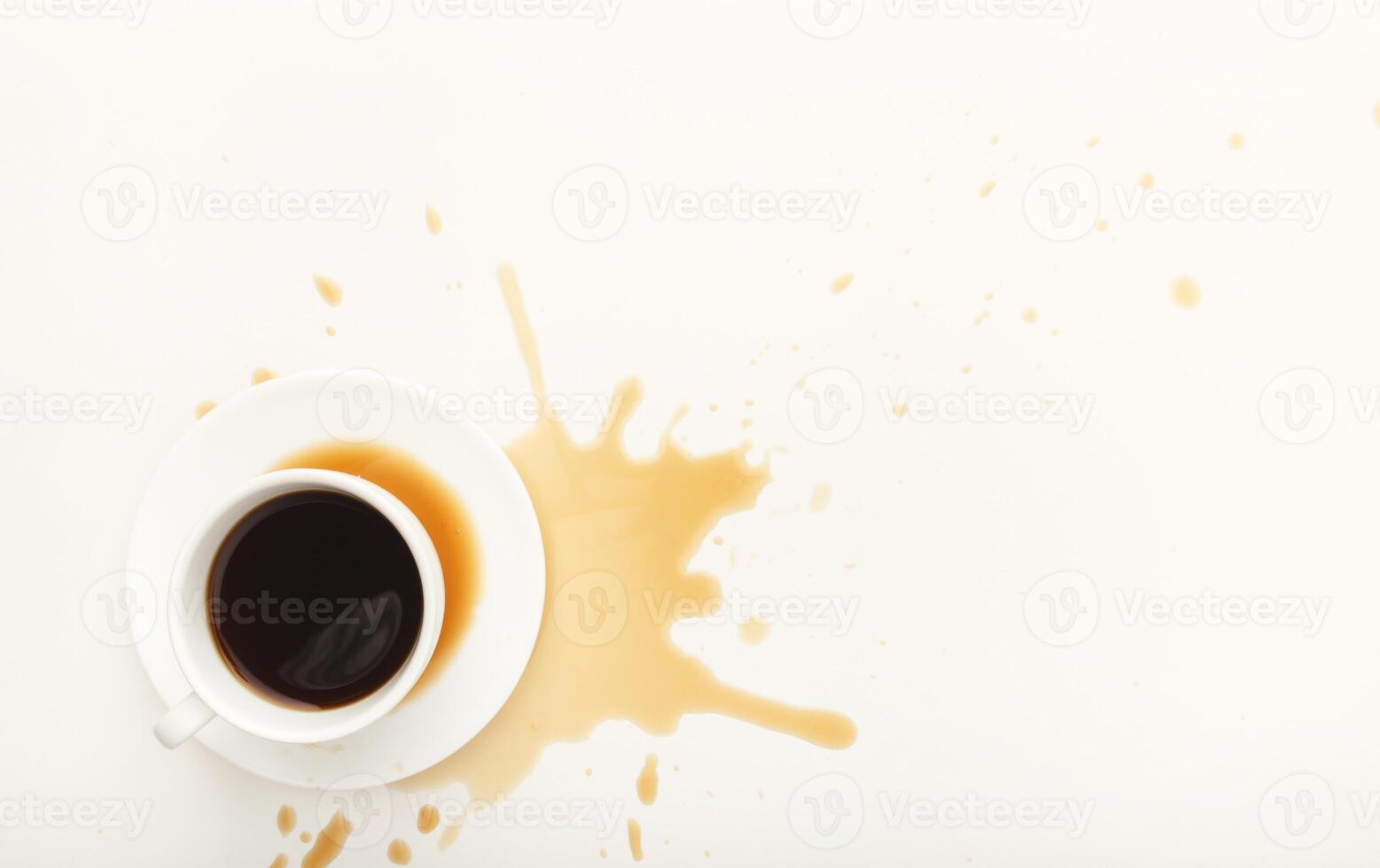Cup of espresso and coffee spilt on white isolated background, top view. Mockup for grunge advertisement design, copy space photo