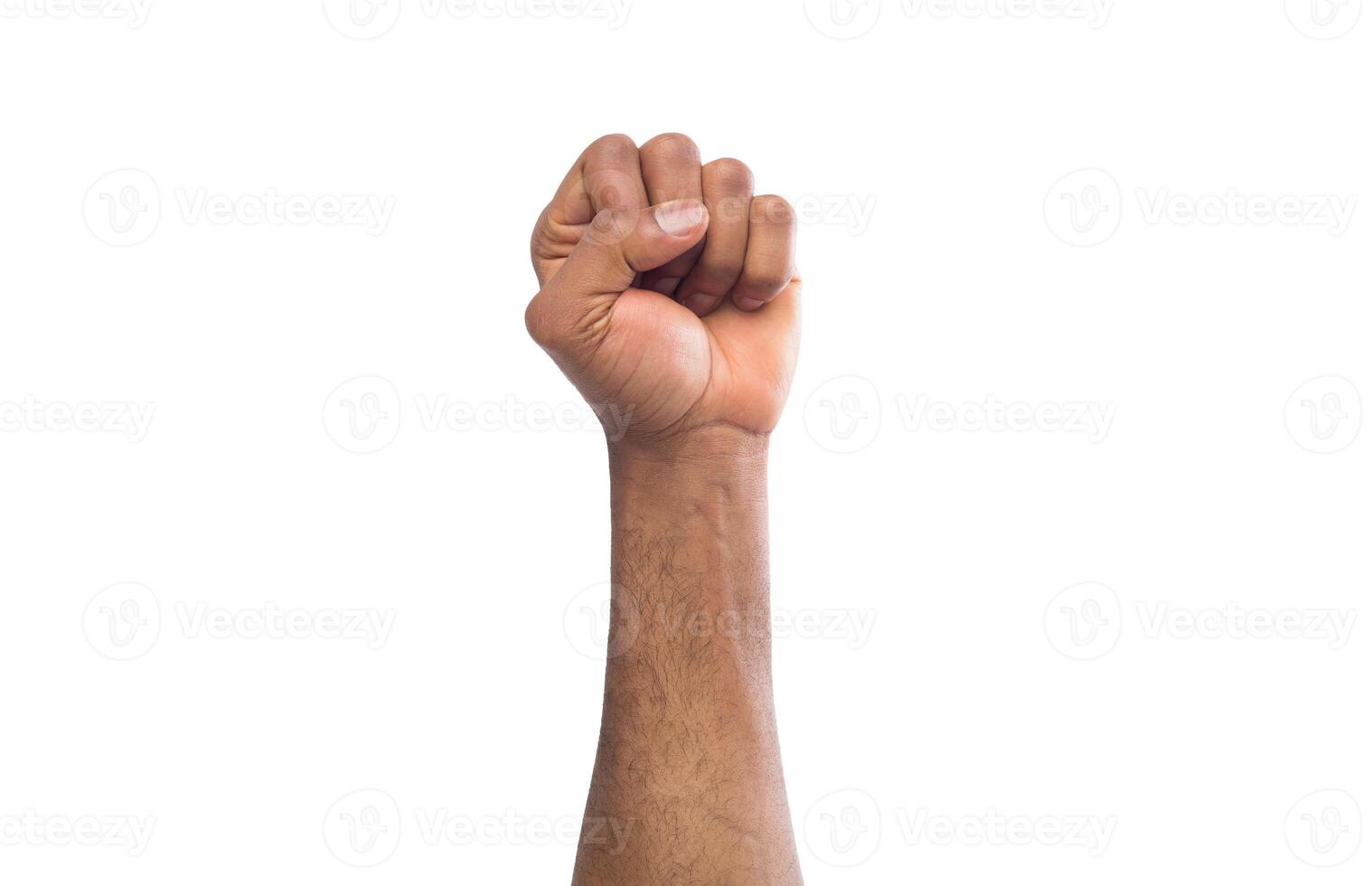 Male black fist isolated on white background. African american clenched hand, gesturing up. Counting, aggression, brave, masculinity concept photo