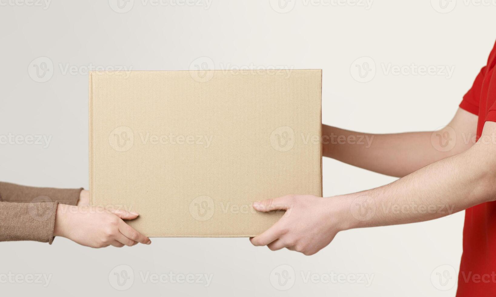 Woman hands accepting delivery of box from deliveryman, cropped, close up, free space photo