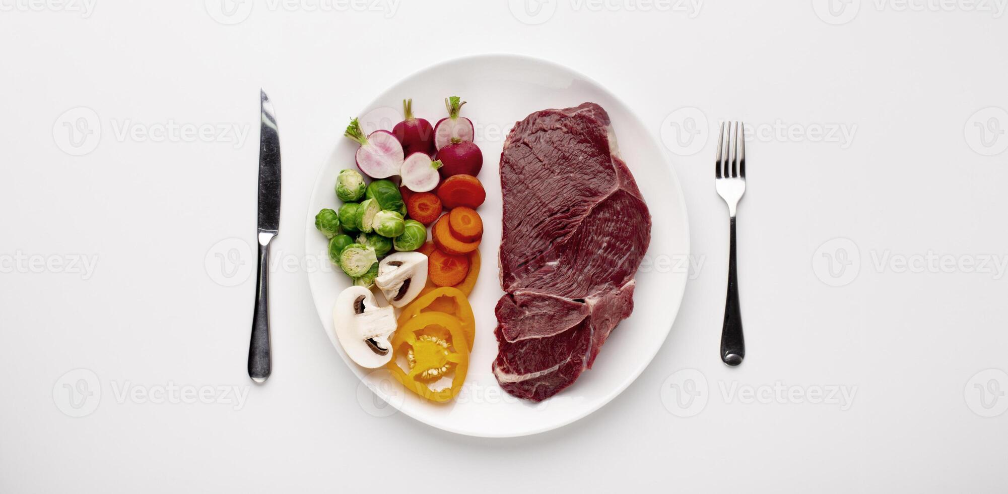 Choose right protein source. Served plate with meat and vegetables, top view photo
