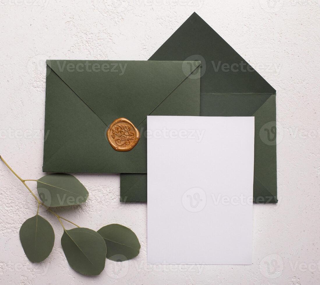 Wedding mockup concept. Craft envelopes with empty postcard for invitation text on white background photo