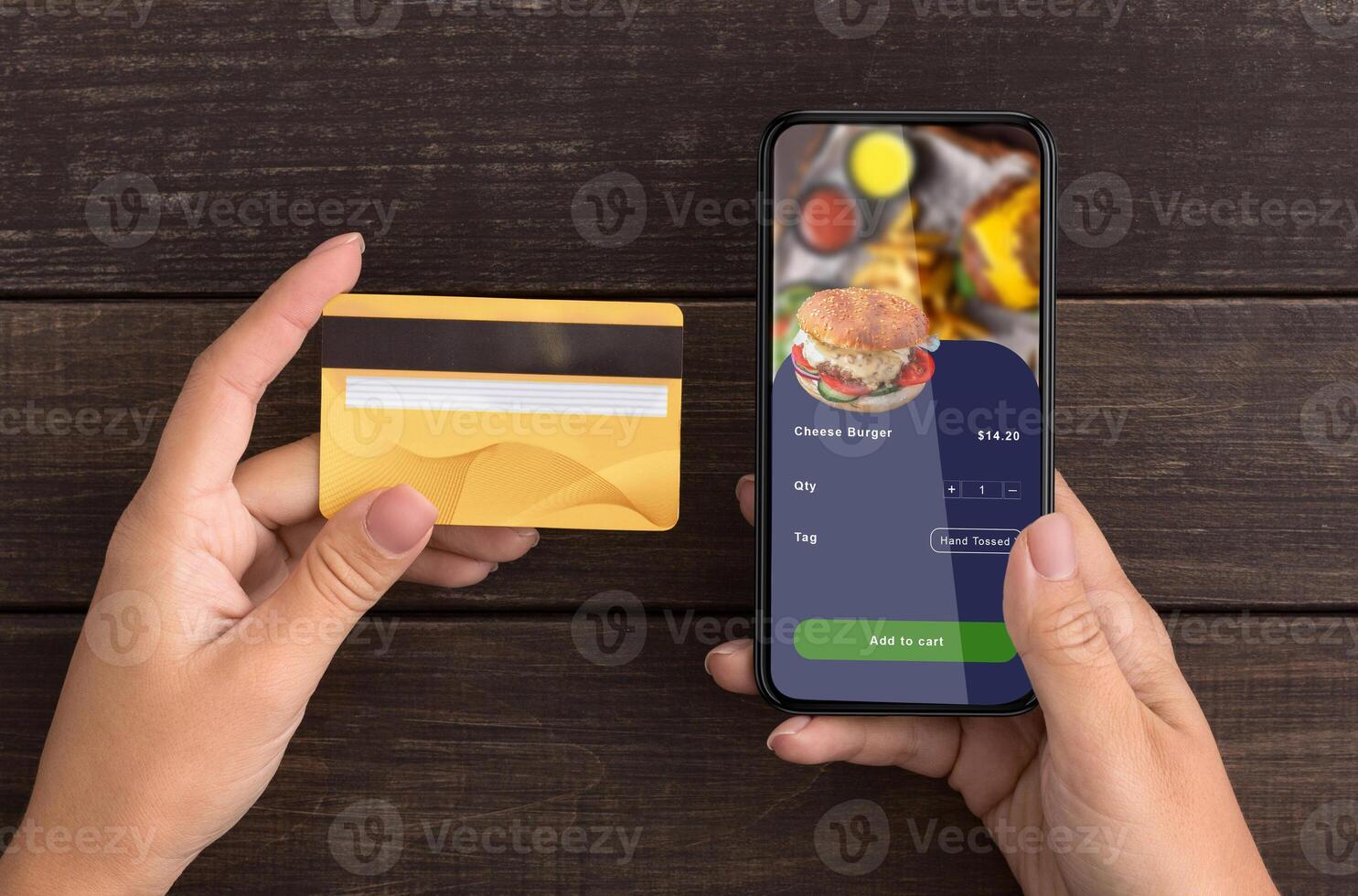 Online order at online cafe and payment for food. Woman use credit card and smartphone with application for burgers buying at home or office, on wooden table background, pov, close up, collage photo