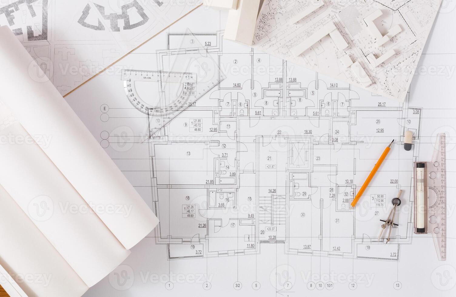 Workplace of architect. Engineering tools for creating new architectural project on table, top view photo