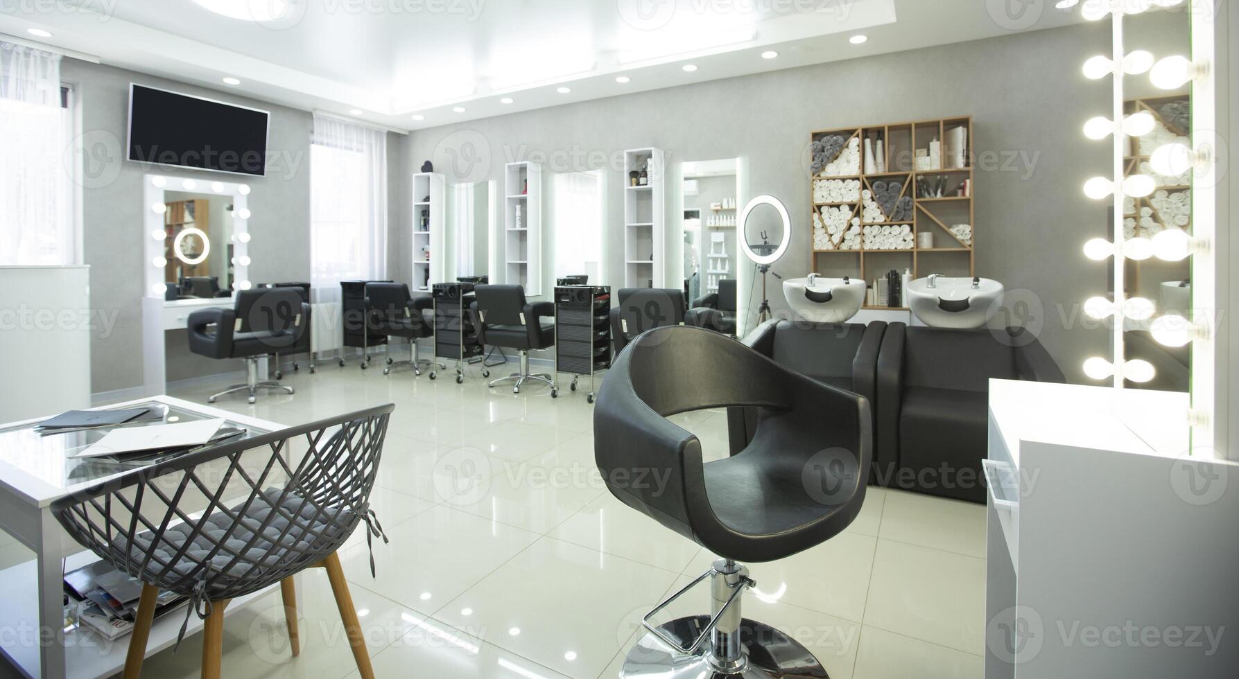 Places at hairdresser with professional equipment, interior photo