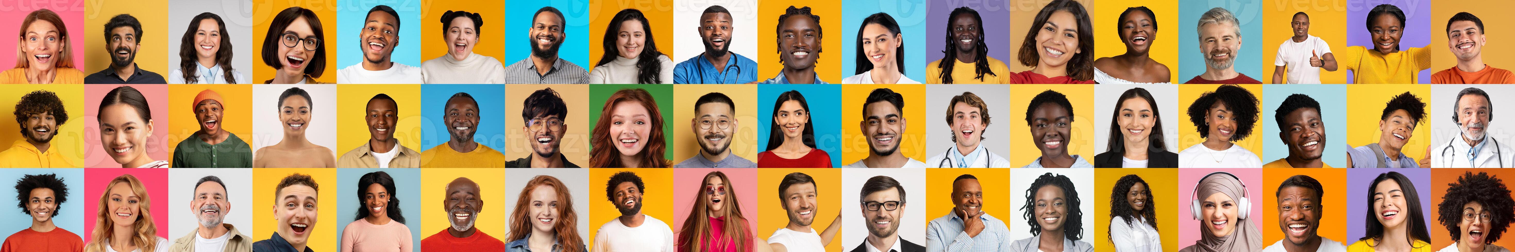 A lively collection of portraits showcases a diverse group of individuals smiling and sharing joyful expressions. Each face represents a unique background and story against colorful backdrops. photo