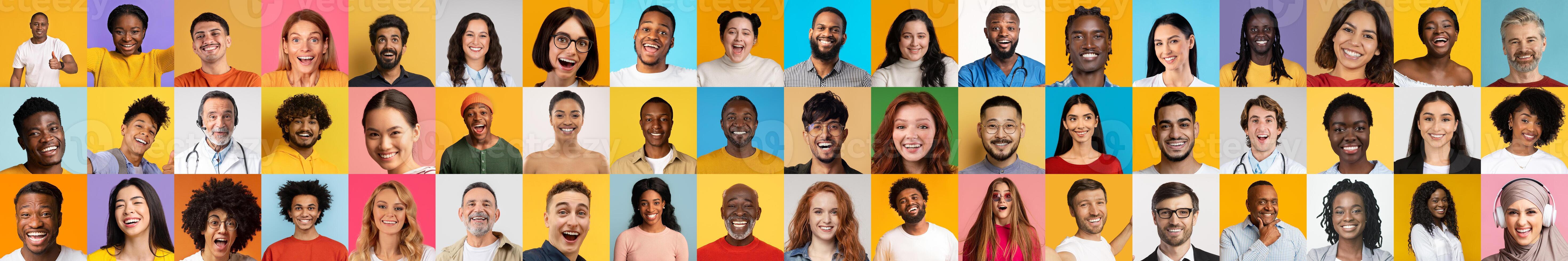 A collage of diverse people showcases a variety of faces and expressions. These individuals represent different cultures and backgrounds, reflecting a vibrant lifestyle and unity in diversity. photo