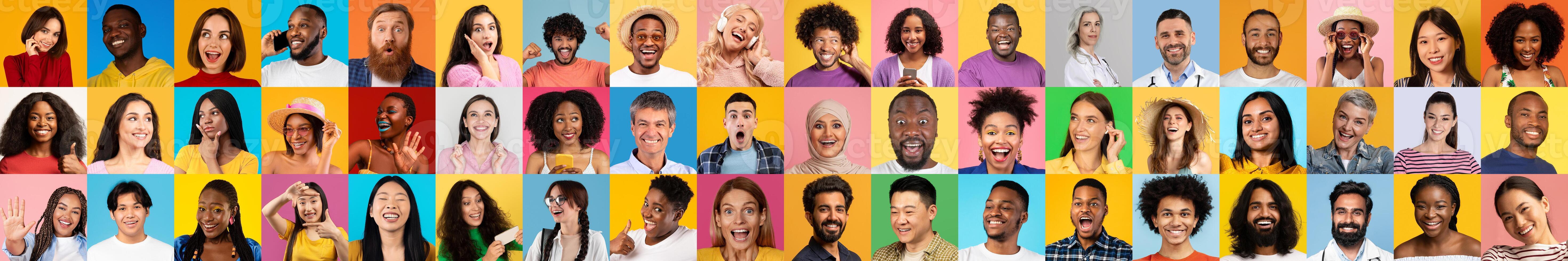 A vibrant collection of diverse individuals showcases a variety of expressions against colorful backgrounds. Each portrait reflects joy and the beauty of diversity in everyday life. photo
