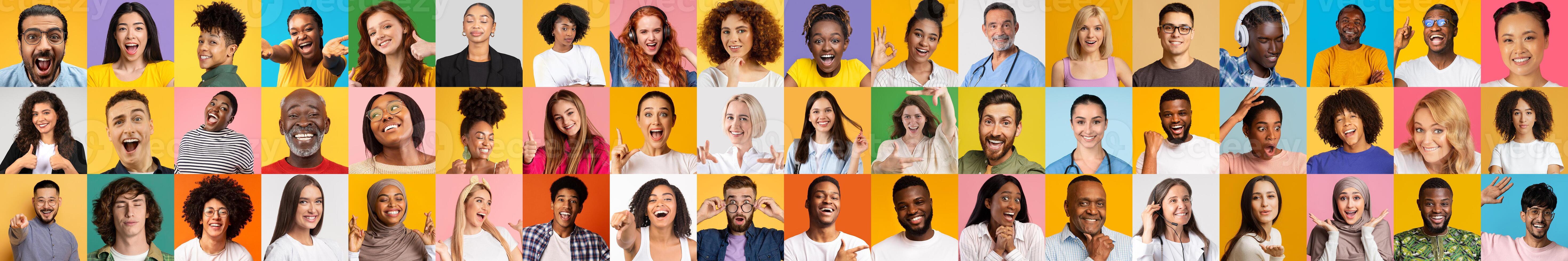 A lively collage showcases diverse individuals smiling and expressing joy against bright and colorful backgrounds. The collection highlights the beauty of multiracial and multiethnic identities. photo