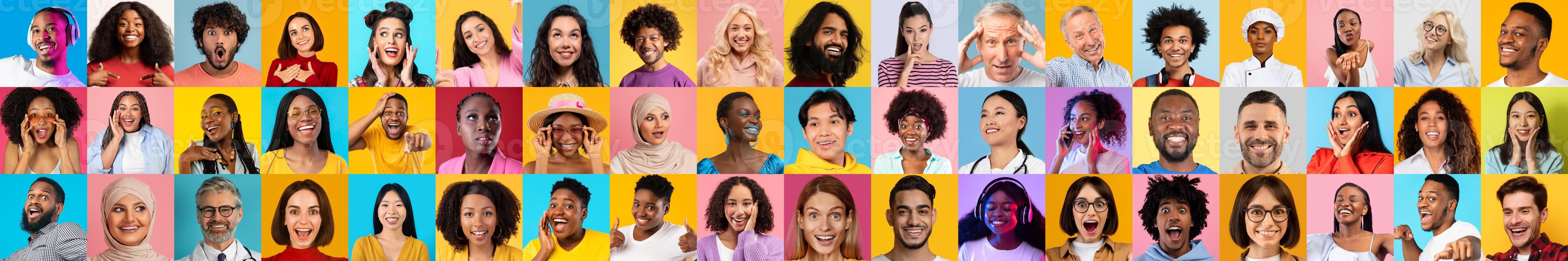A vibrant collection of happy faces represents people from various backgrounds. Each individual displays unique personalities and emotions, celebrating diversity and inclusion. photo