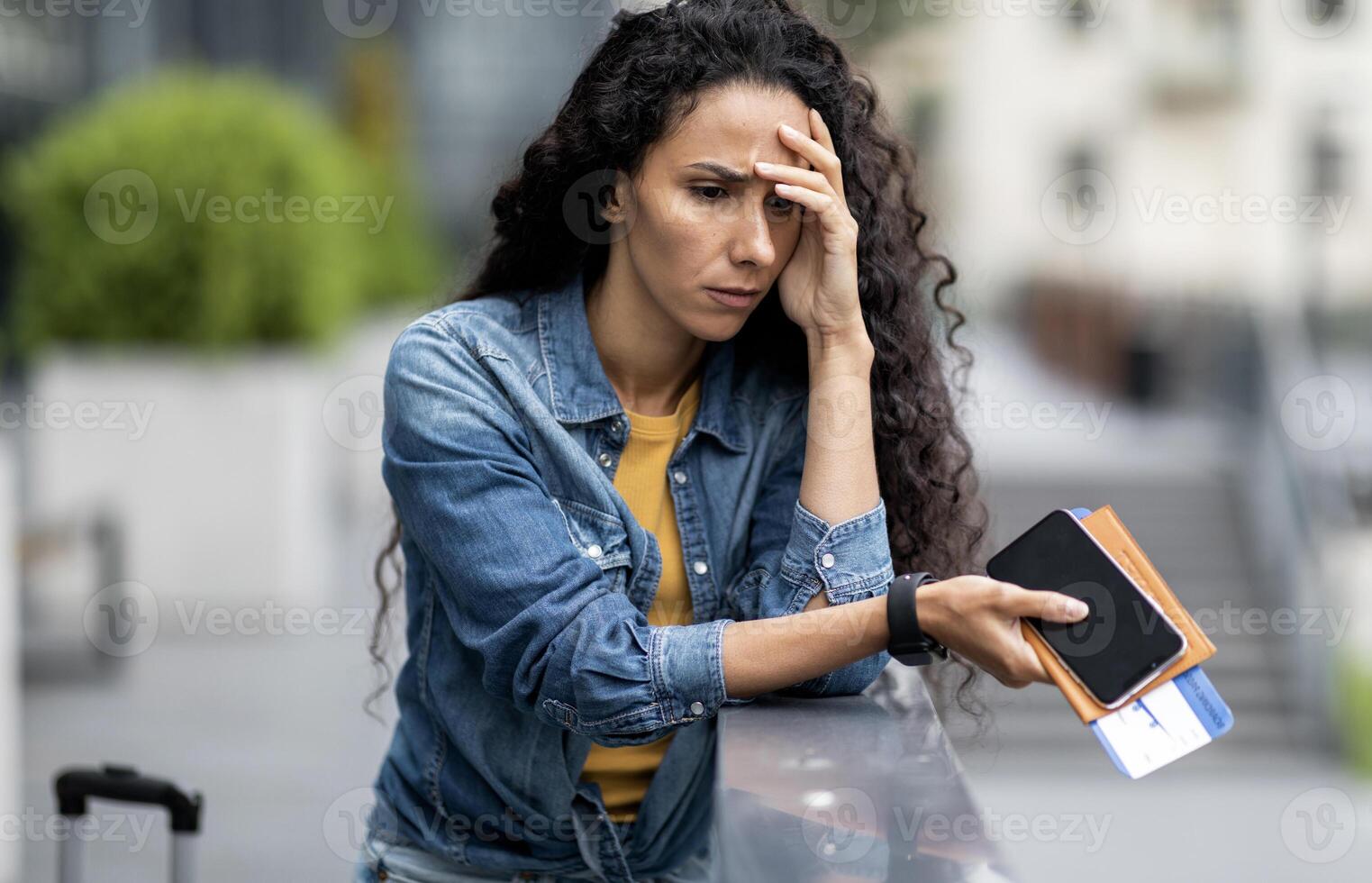Canceled or delayed flight, difficulties while travelling. Upset young woman tourist waiting for flight at airport, holding documents, phone, touching her head, feeling stressed, copy space photo