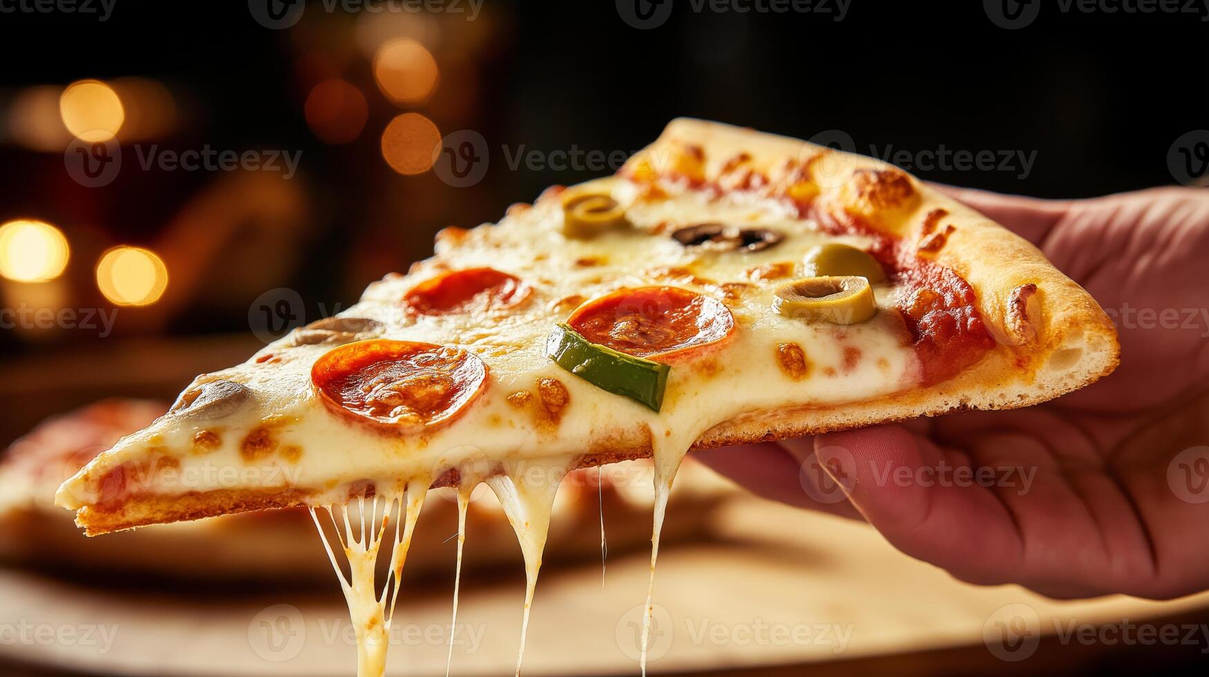 A hand is reaching for a slice of pizza topped with pepperoni, olives, and green peppers. The cheese stretches, enticing the viewer. The background is warmly lit, creating a cozy atmosphere. photo