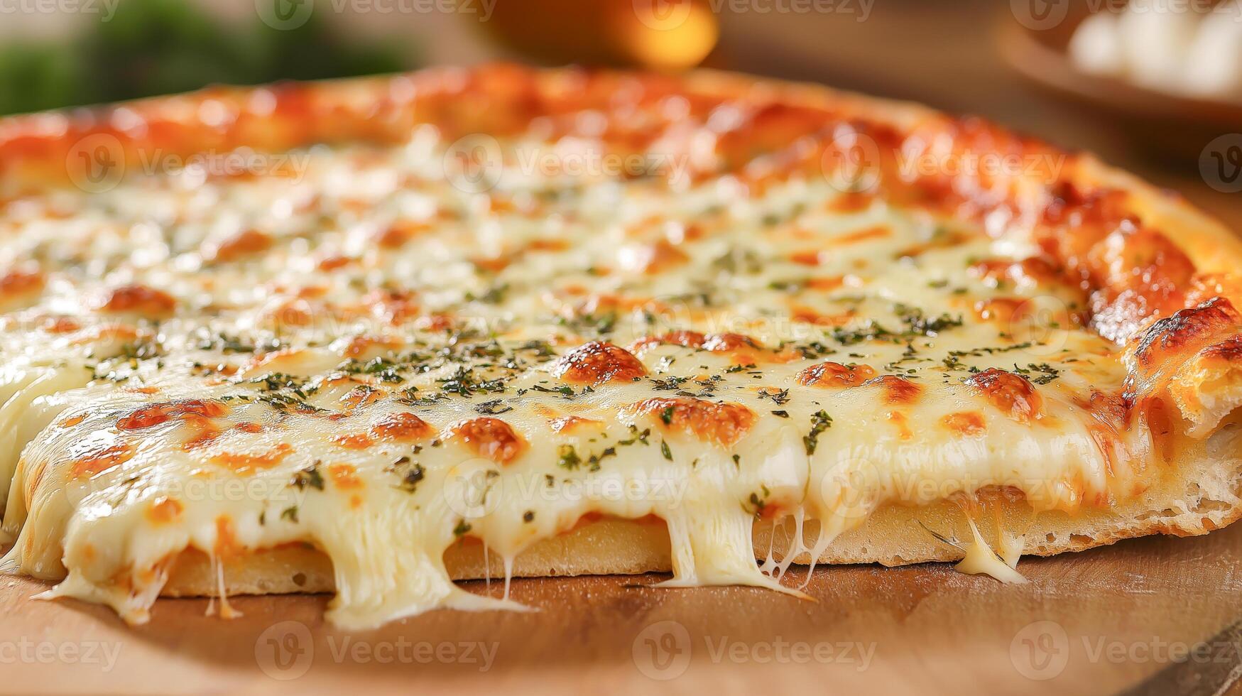 Freshly baked pizza topped with gooey mozzarella cheese, and herbs sits on a wooden board ready to be enjoyed during a sunny lunchtime at a cozy eatery. photo