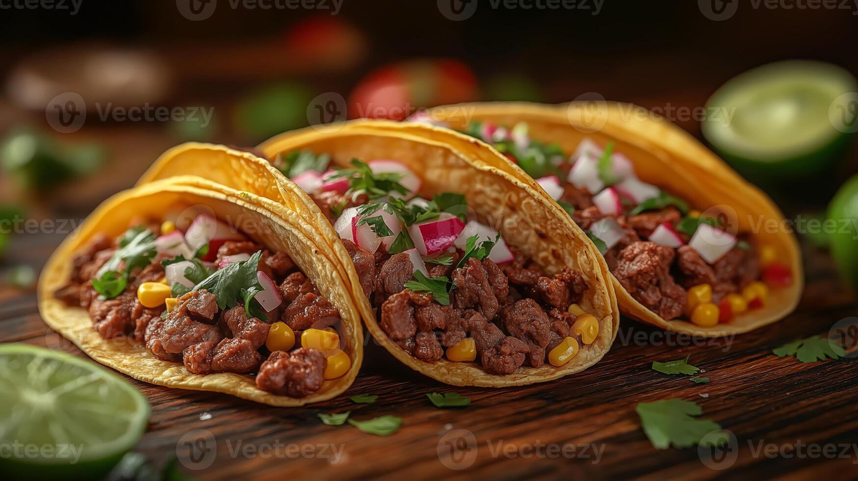 Savory beef tacos are topped with fresh radishes, corn, and cilantro, creating a vibrant and appetizing dish perfect for any occasion, served on a wooden table. photo