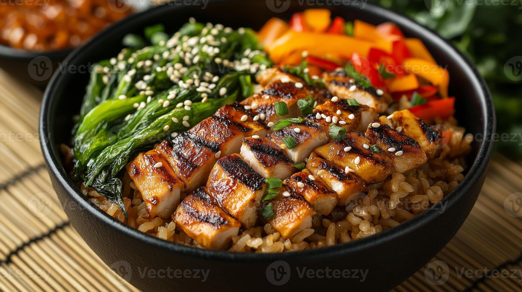 A vibrant bowl features perfectly grilled chicken slices garnished with sesame seeds, fresh vegetables, and brown rice. A healthy meal enjoyed indoors, offering a wholesome dining experience. photo