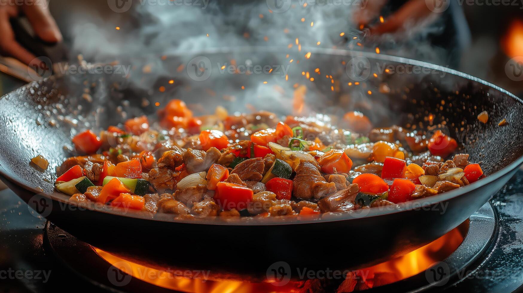 Sizzling meat and colorful vegetables are expertly cooked in a large pan over an open flame, creating a smoky aroma in a bustling kitchen environment. photo