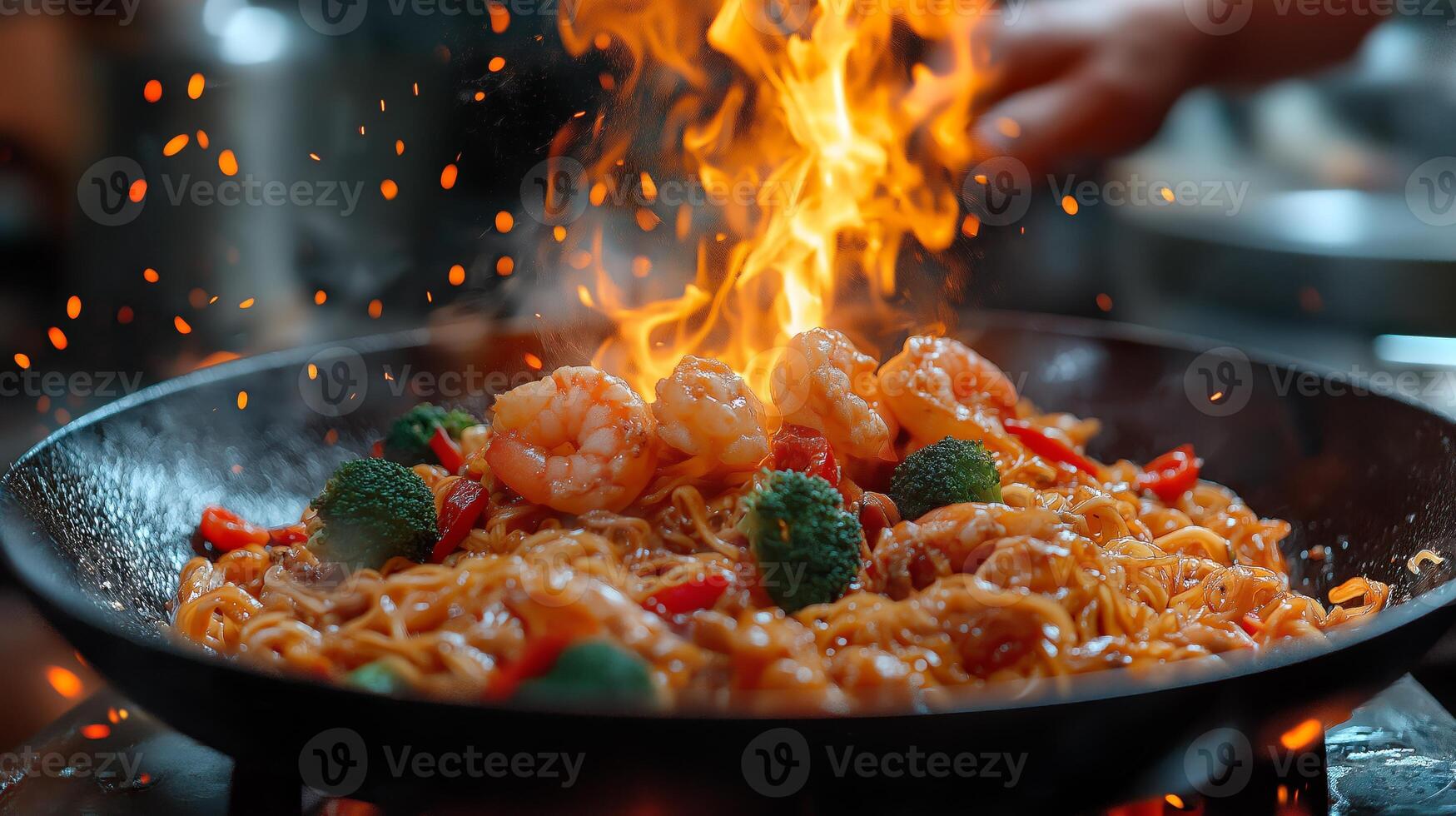 Flames burst from a hot wok as a chef skillfully adds shrimp and fresh vegetables to a fragrant stir fry in a lively restaurant kitchen, creating an appetizing spectacle for diners. photo