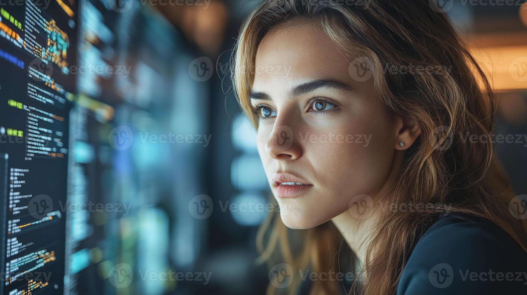 Woman engaged in programming at a contemporary office with vibrant screens illuminating her face. photo