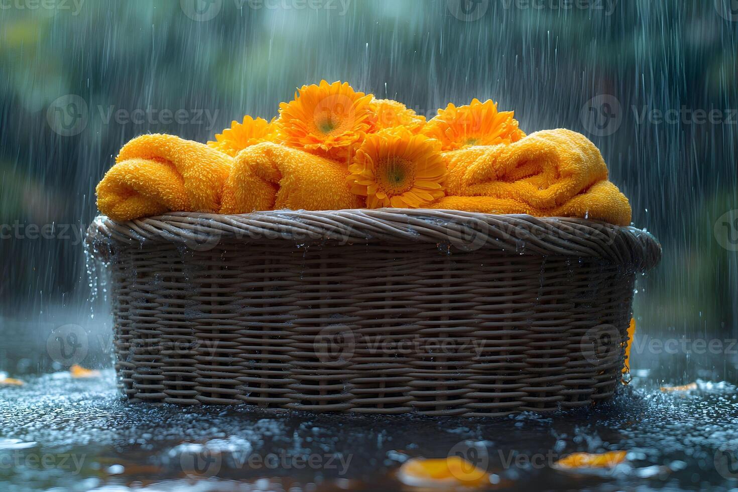 Refreshing Summer Rain on Gerbera Flowers and Towels in Wicker Basket for Spa or Home Decor photo