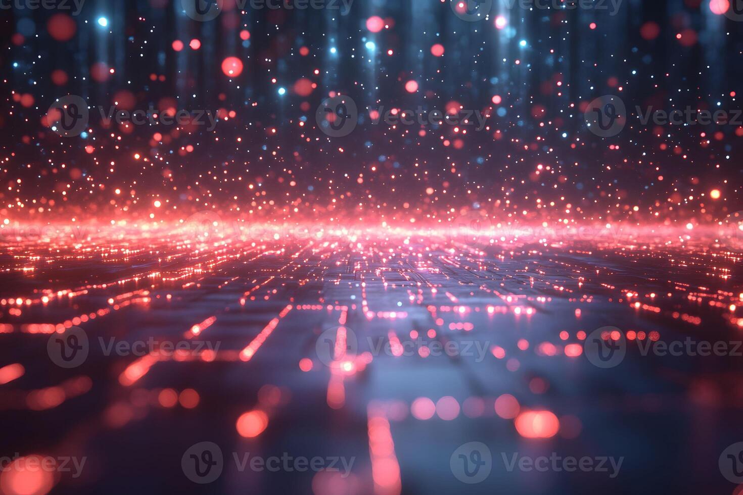 Futuristic Glowing Red and Blue Digital Grid Landscape for Technology Background photo